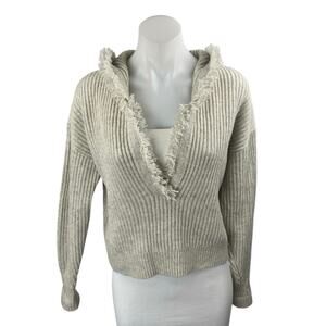 Intermix Wool Cashmere Beige Tan Rib Knit Fringe Hooded Long Sleeve Sweater Sz S